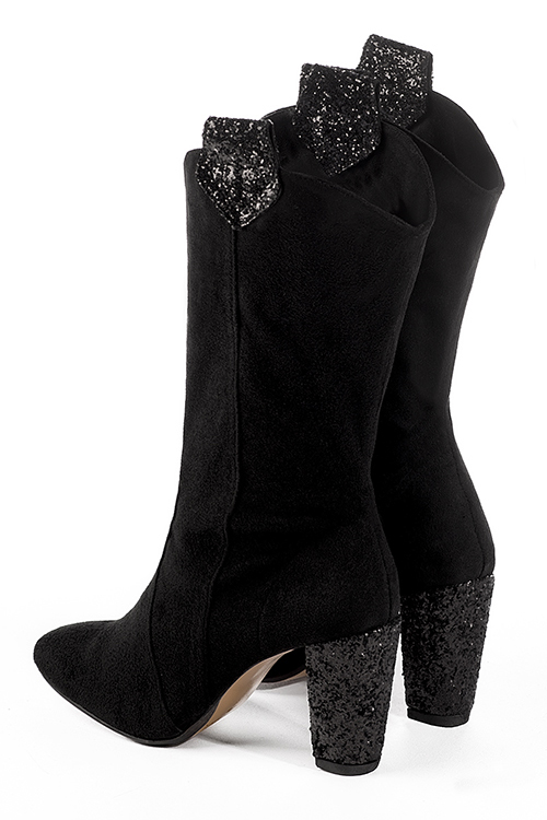 Matt black women's mid-calf boots. Round toe. High block heels. Made to measure. Rear view - Florence KOOIJMAN